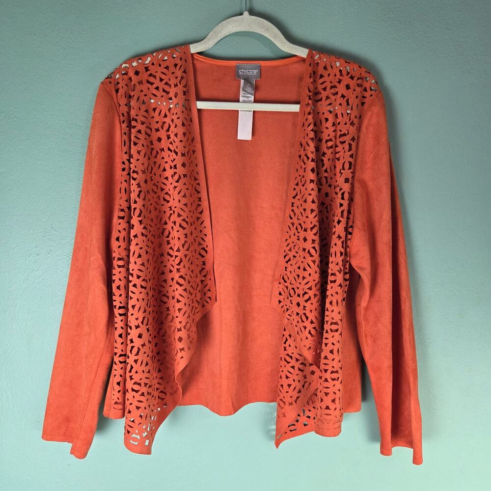 Chico's Jacket Womens 2 Perforated Drape Front Faux Suede Solid Ambercup Orange